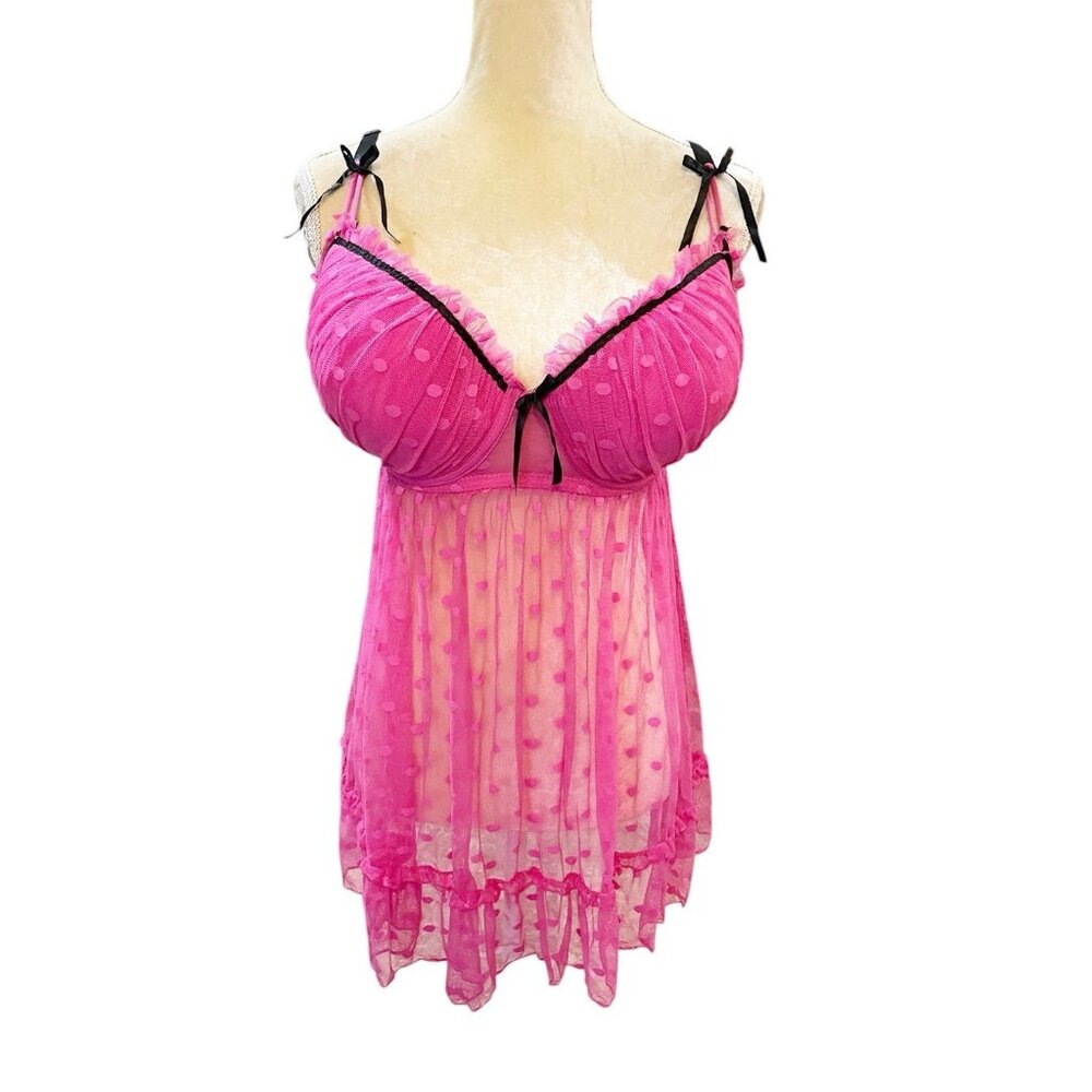 Vintage 90’s Rene Rofe Pink Polka Dot Padded Baby Doll Cami Lingerie Size 18/20